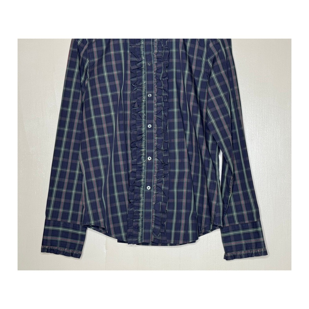 Chaps Navy Blue‎ Green Plaid Ruffle Front Band Collar Button Down Shirt Large - Picture 5 of 8